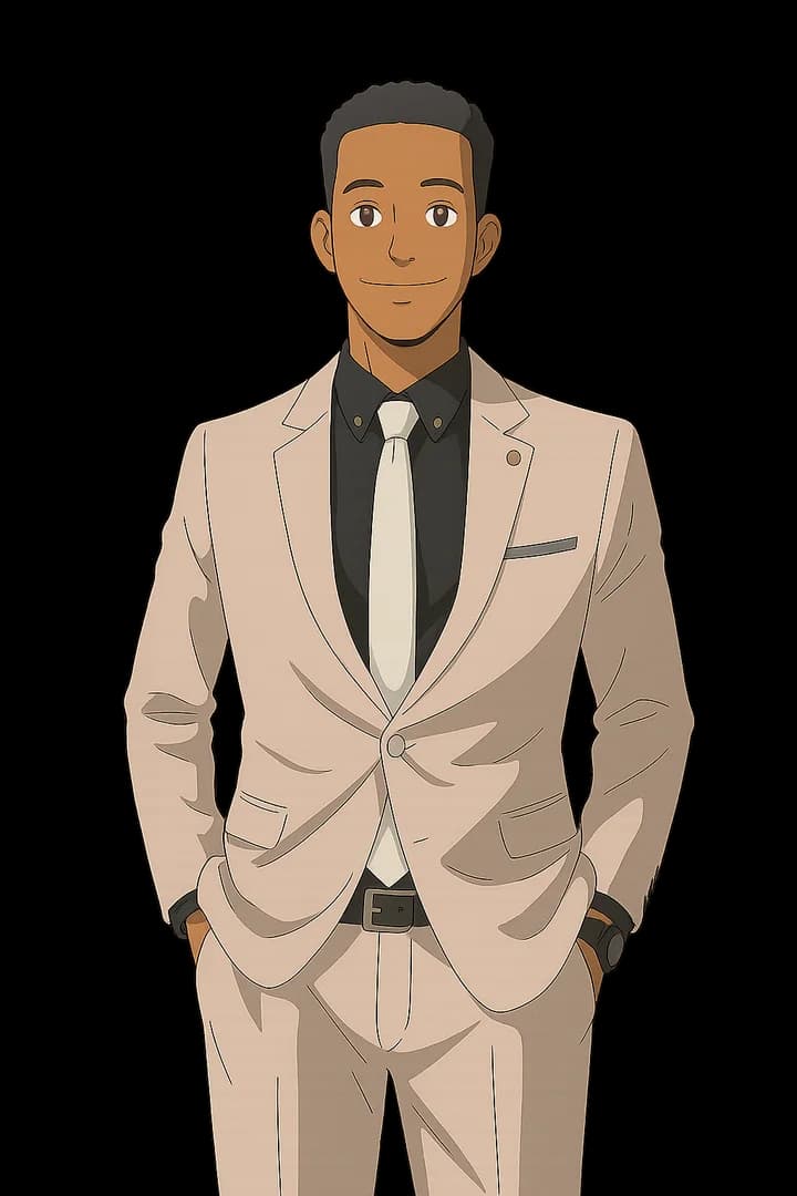 Illustrated portrait of Yonatan Endale in a light suit