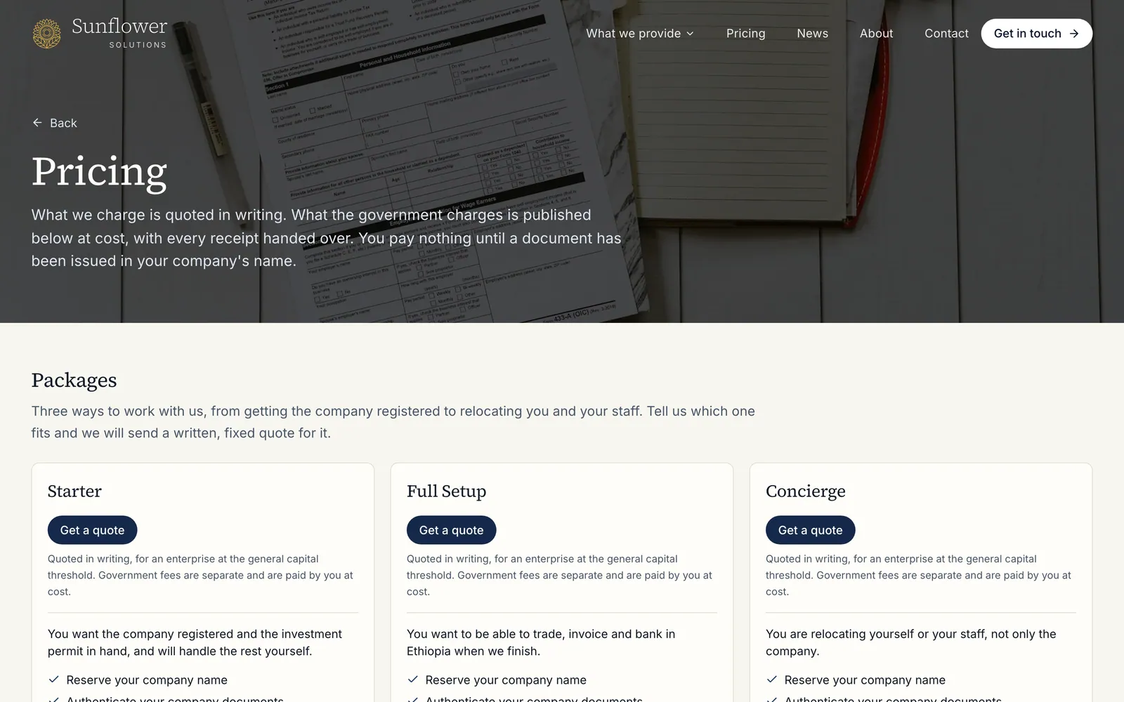 Pricing page with Starter, Full Setup and Concierge packages, each quoted in writing