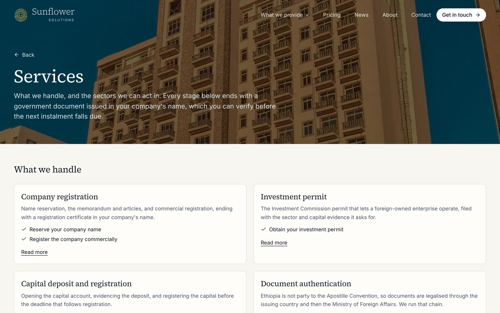 Services page listing company registration, investment permit, capital deposit and document authentication