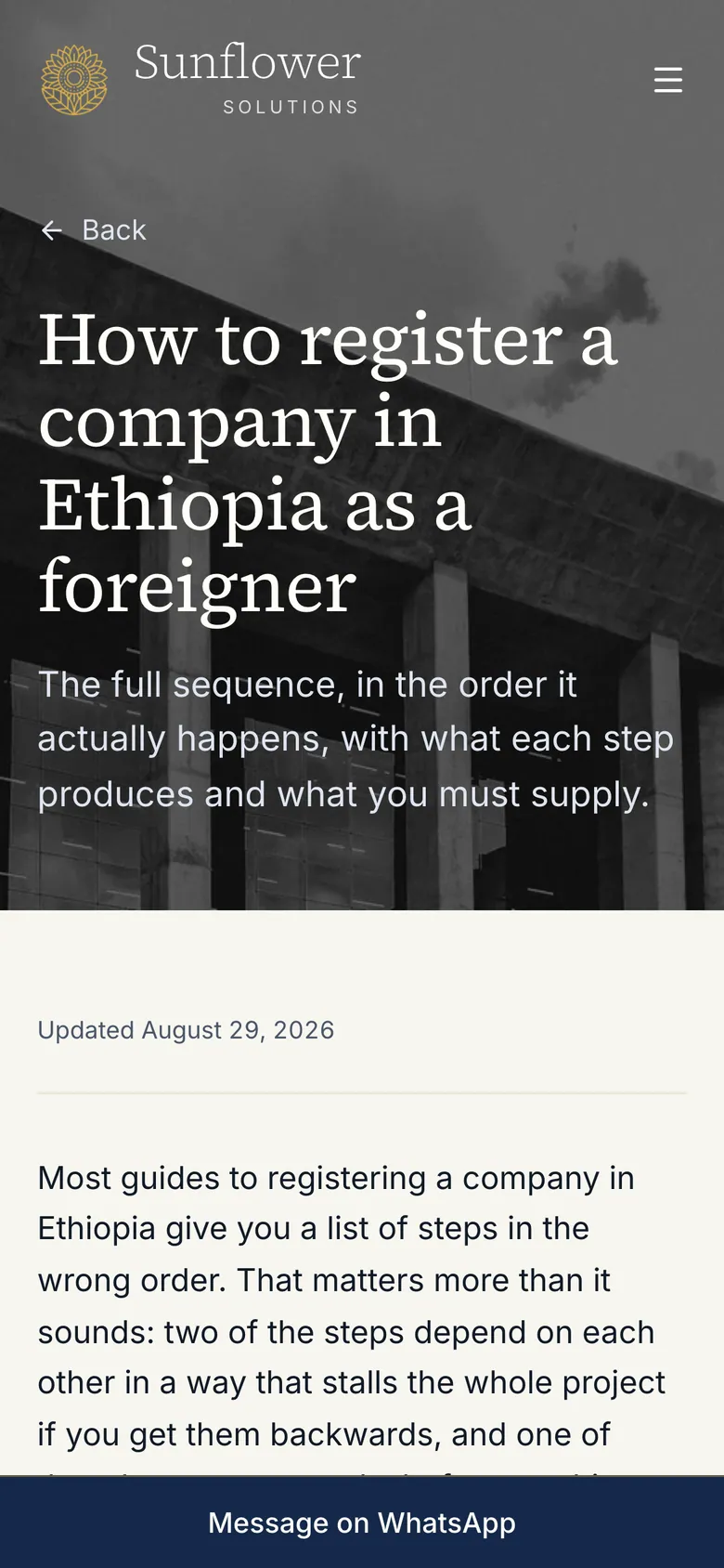 Guide on how to register a company in Ethiopia as a foreigner, opened on a phone