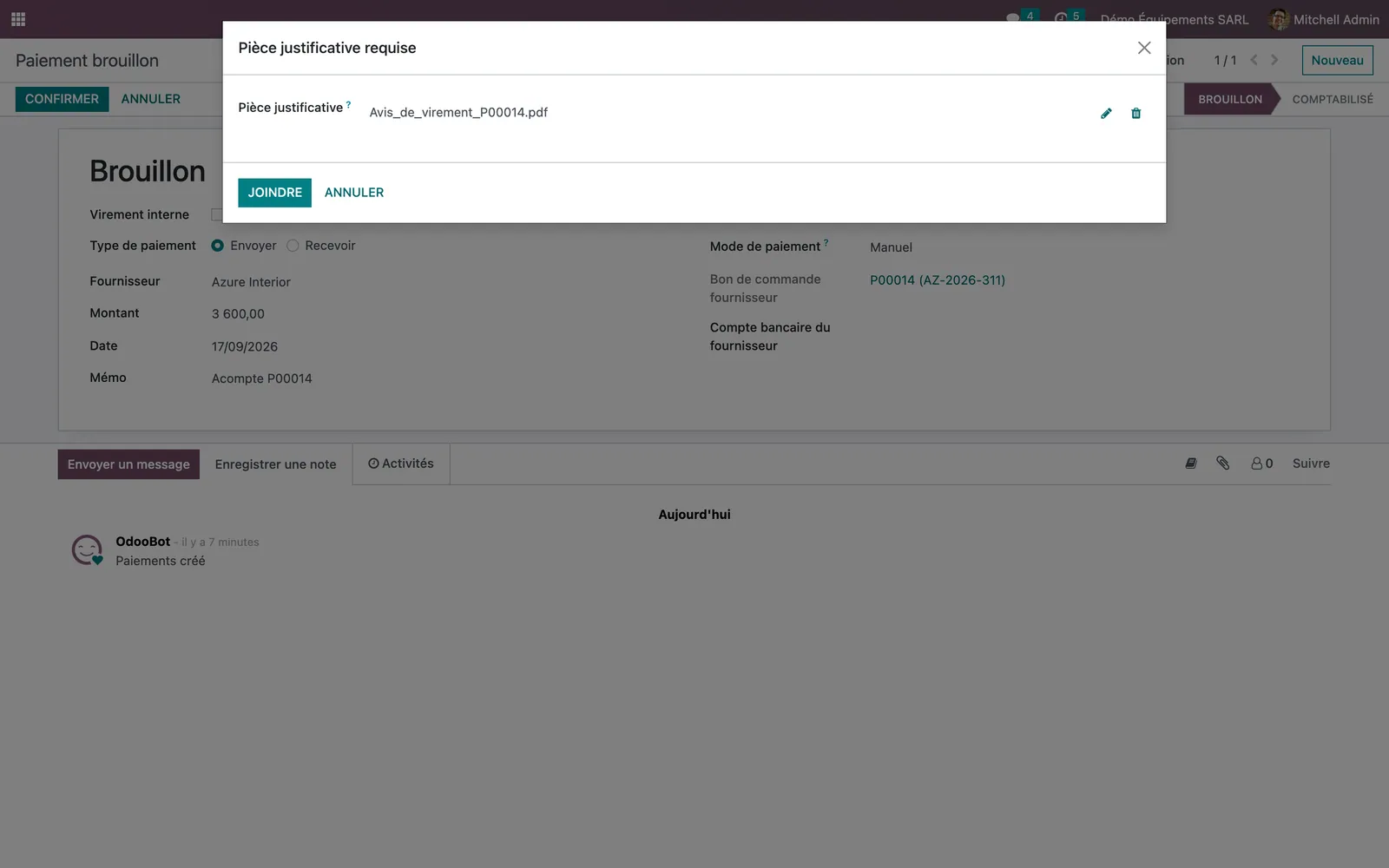 Pièce justificative requise dialog opened when confirming a 3 600 € supplier advance on purchase order P00014, with a transfer notice PDF attached and a Joindre button