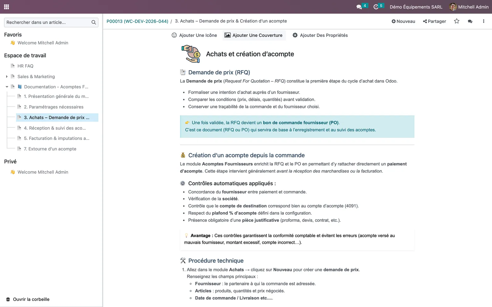 Knowledge article Achats et création d'acompte in the in-app documentation tree for supplier advances, listing the automatic checks on supplier, company, advance account, ceiling and proof of payment