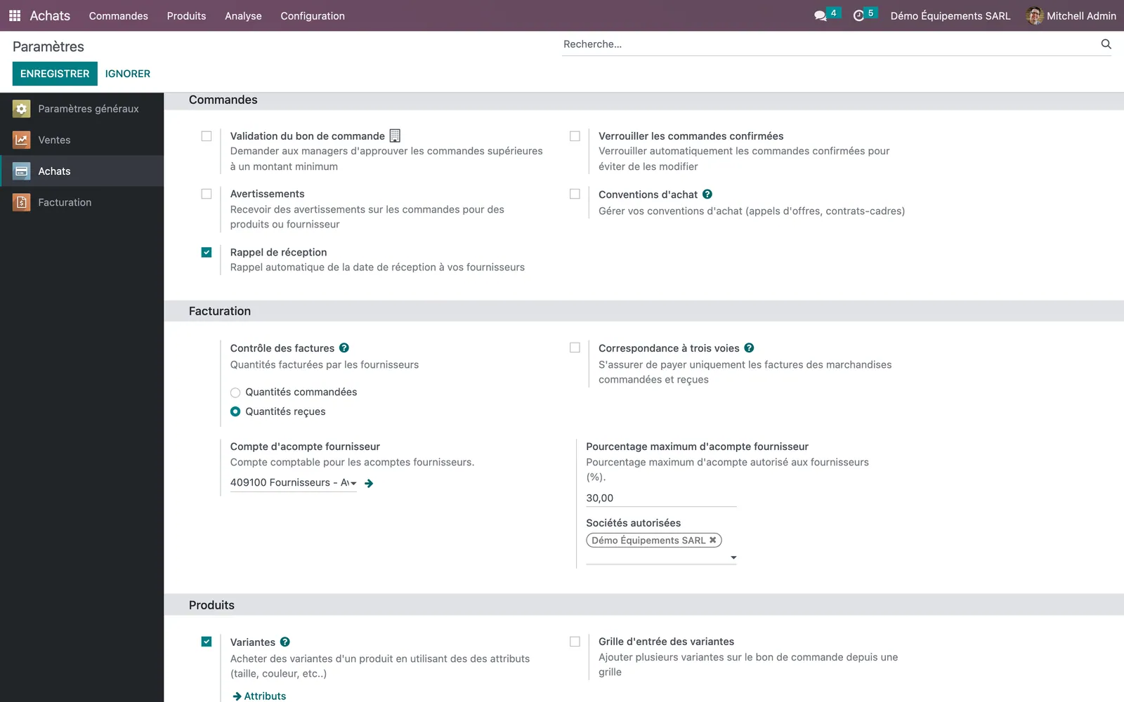 Purchase settings, Facturation section, with the supplier advance account set to 409100, a 30 % maximum advance percentage and the companies allowed to use advances