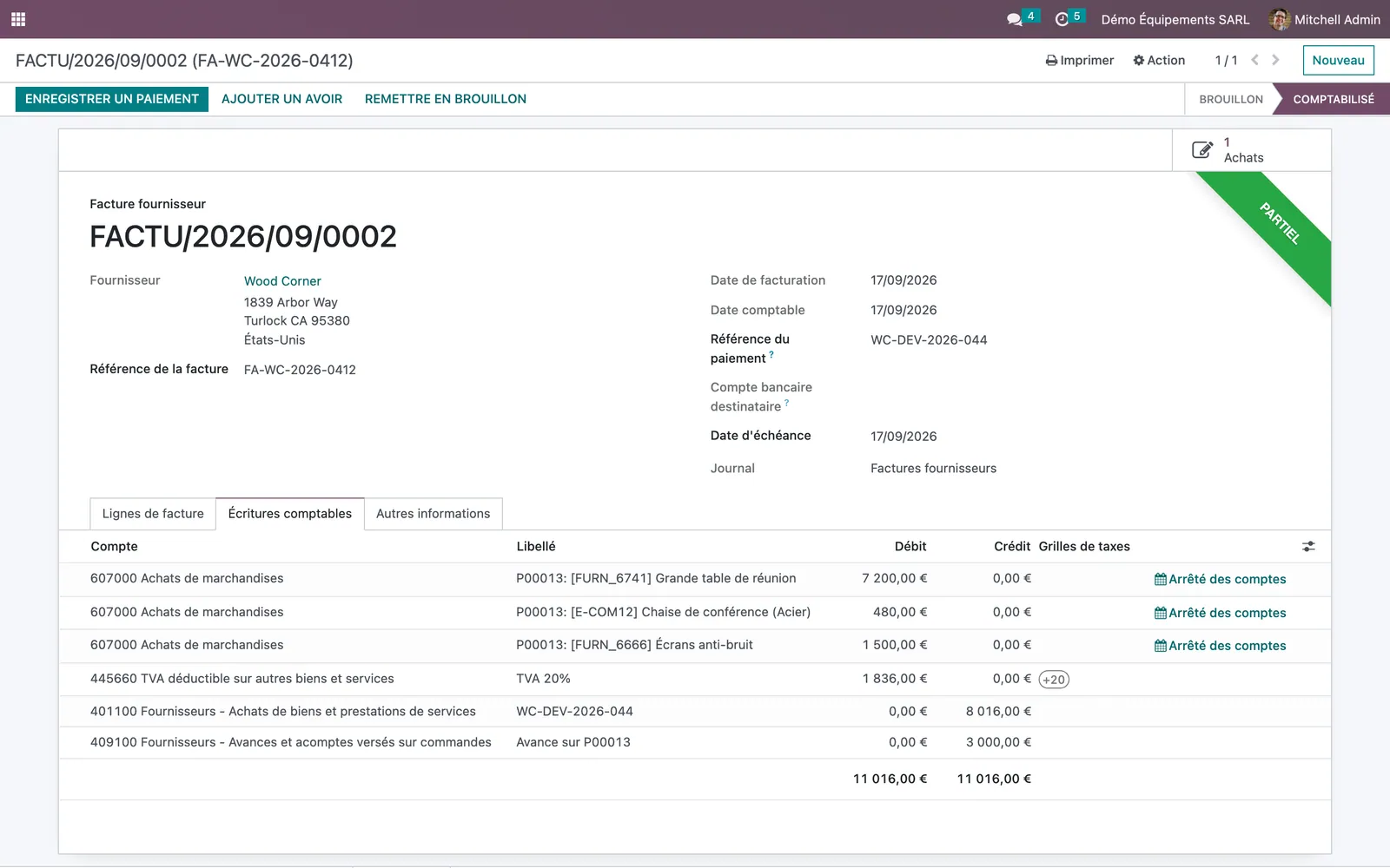 Posted vendor bill for purchase order P00013 whose journal items credit 3 000 € to the 409100 supplier advance account and reduce the 401100 payable line to 8 016 €, leaving the bill partially paid