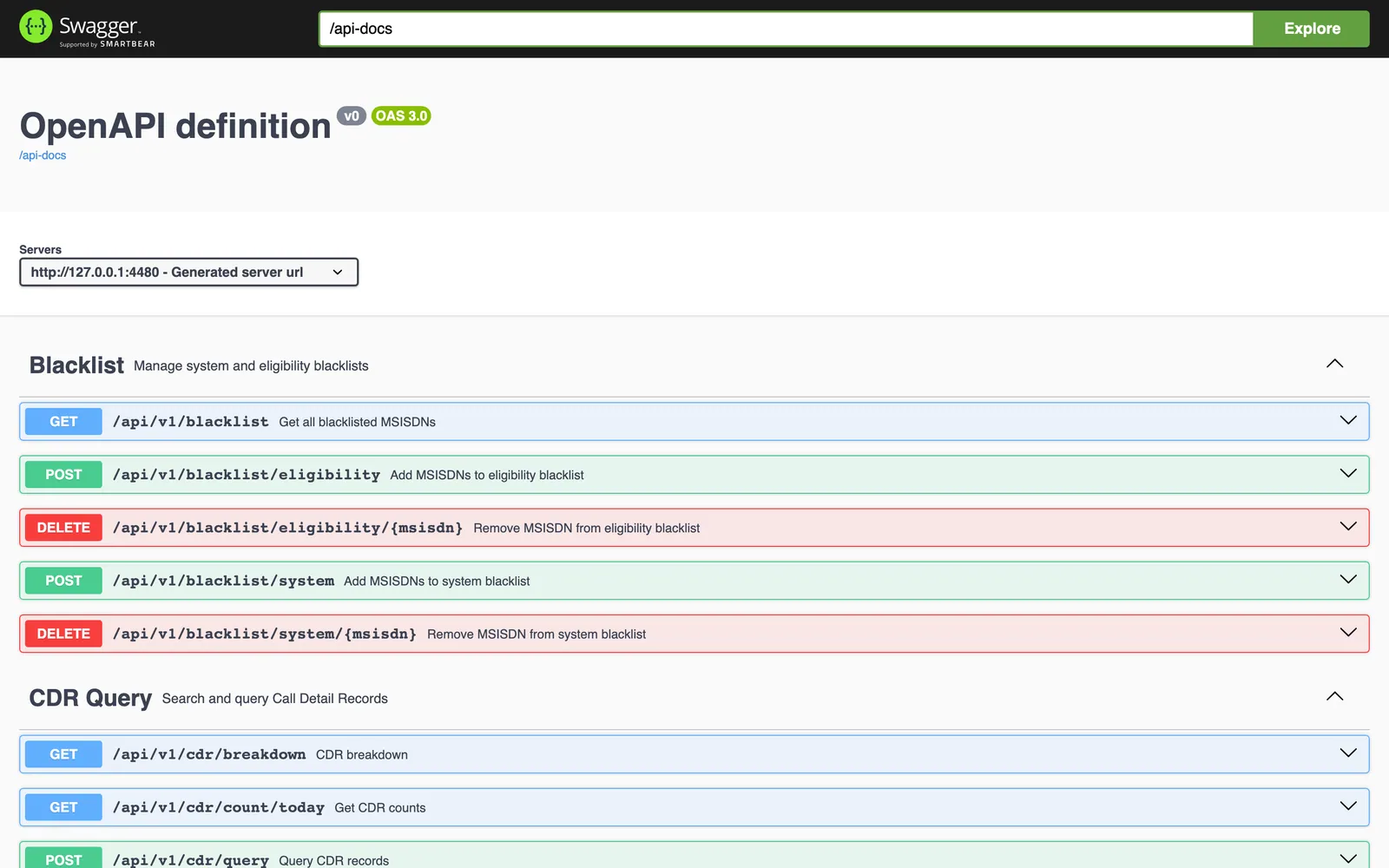 Swagger UI for the query API showing the Blacklist endpoints for system and eligibility blacklists and the CDR Query endpoints for breakdown, today's counts and record search