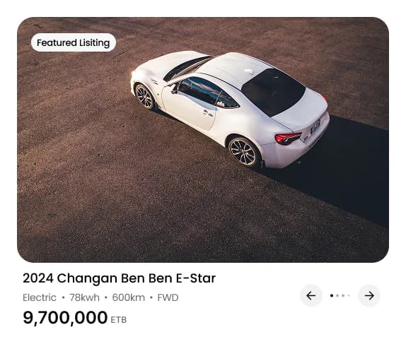 Design comp of the featured listing card from the hero, with a car photo, specs, price in ETB and carousel arrows