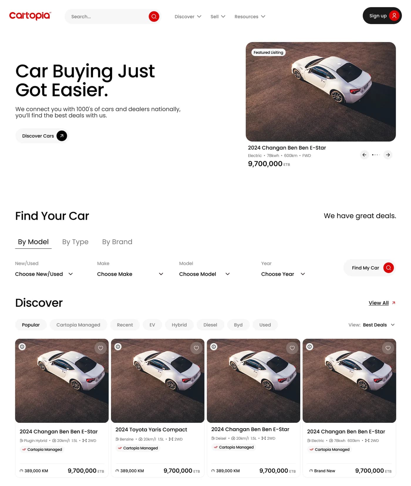 Design comp of the Cartopia landing page: hero with a featured listing card, Find Your Car search and the first row of Discover cards