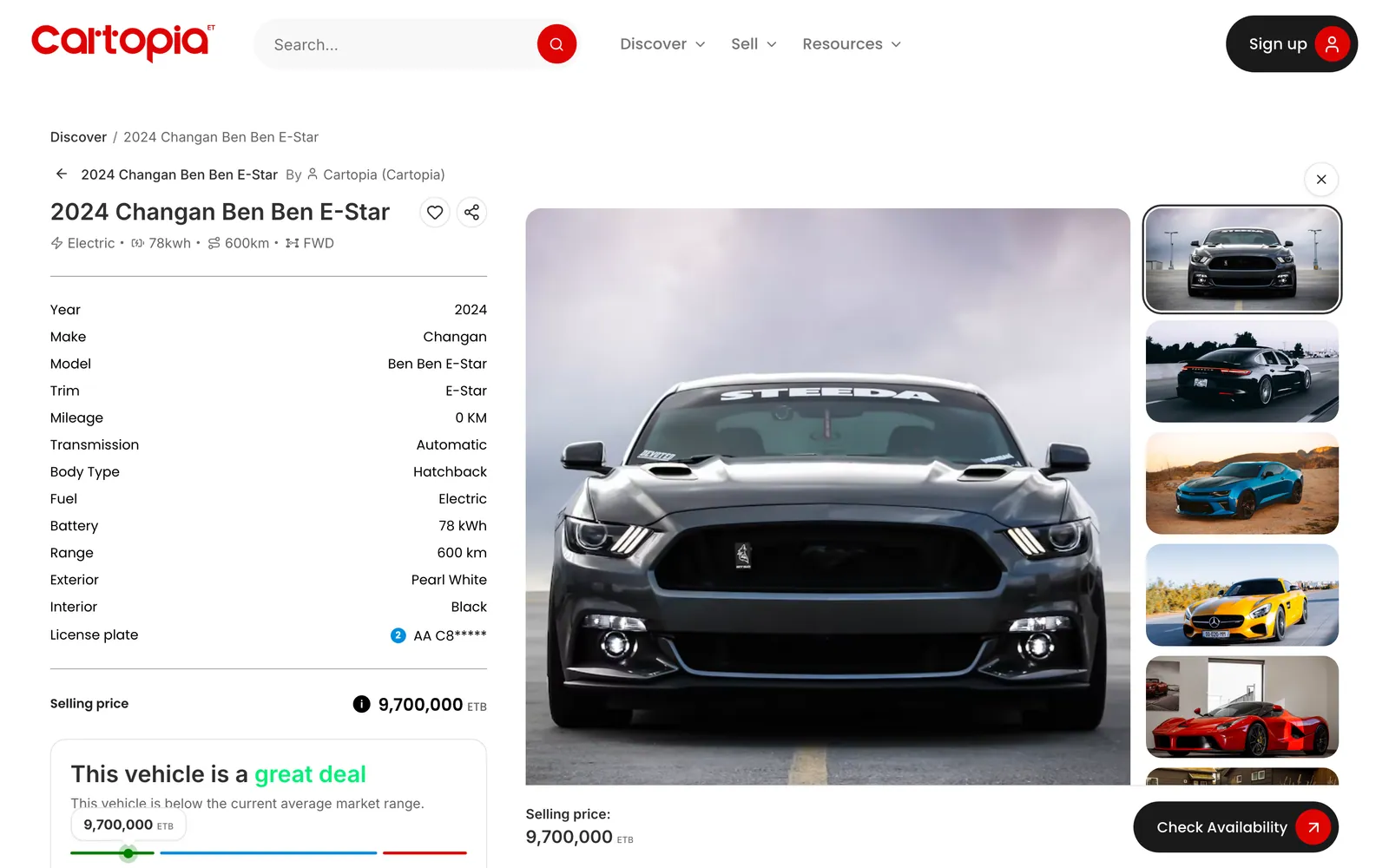 Car detail page for a 2024 Changan Ben Ben E-Star with a specification list, great-deal price indicator, photo gallery and Check Availability button