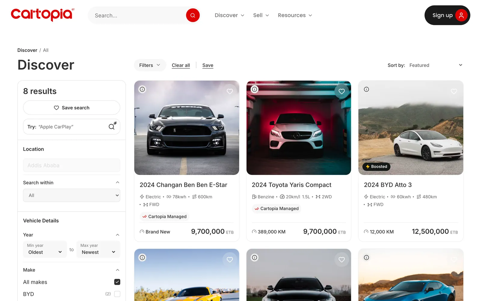 Discover page with 8 results, a filter sidebar for location, year and make, and a grid of car cards with price in ETB, mileage and Cartopia Managed badges