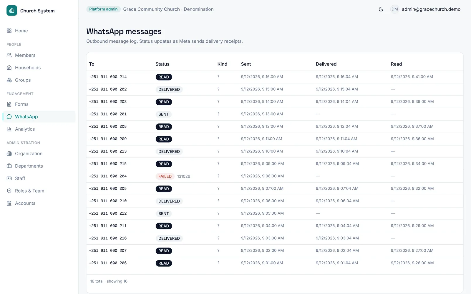 WhatsApp message log with read, delivered, sent and failed statuses and delivery timestamps