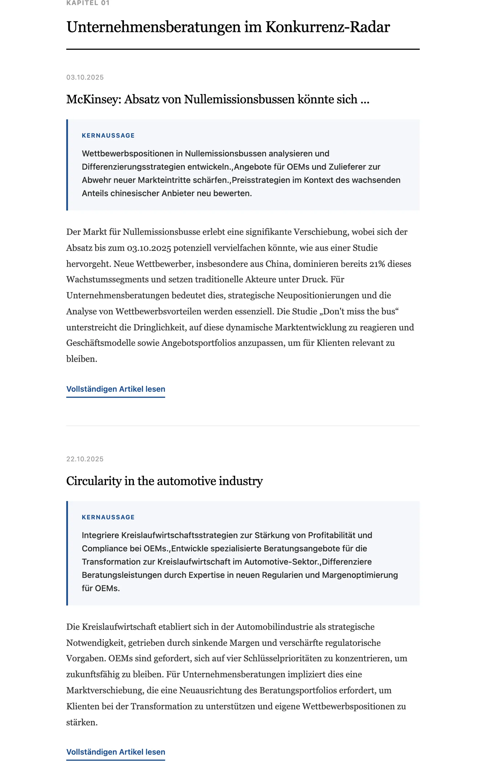 First chapter of the newsletter, Unternehmensberatungen im Konkurrenz-Radar, with two article entries each showing date, title, a highlighted key takeaway, a German summary and a read-more link