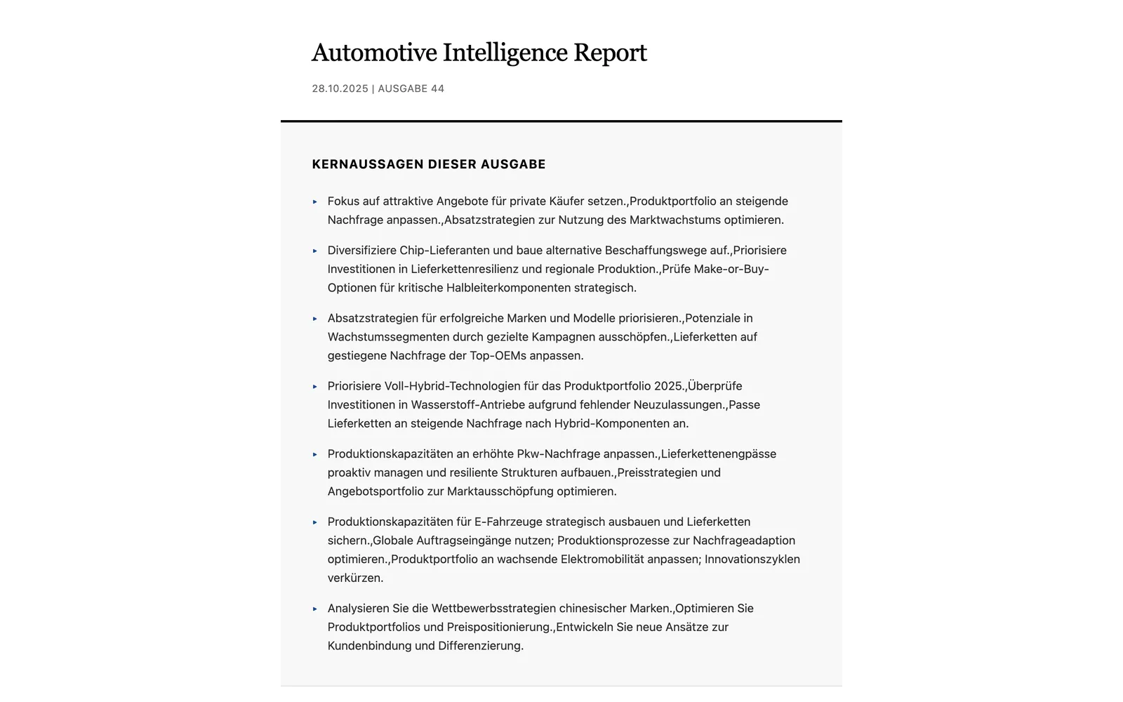Generated Automotive Intelligence Report issue in German, with the issue date and a box of seven key takeaways for consultants