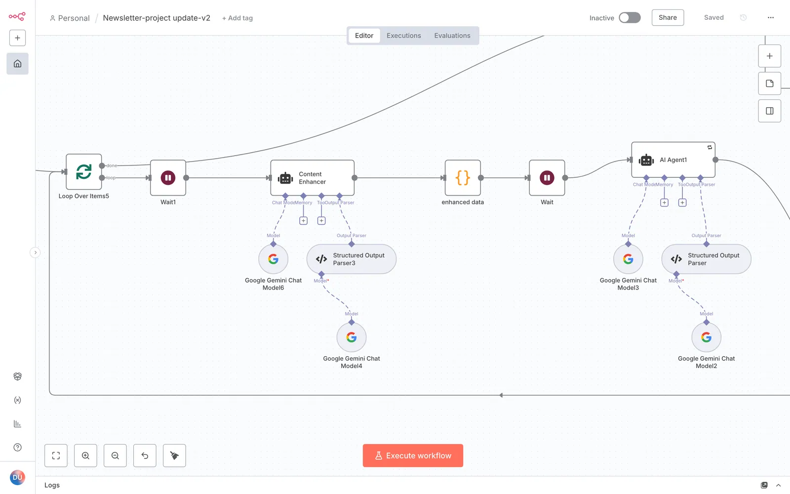 Close-up of the n8n canvas: a batch loop with wait nodes feeding the Content Enhancer agent and a second AI agent, each wired to Google Gemini chat models and a structured output parser