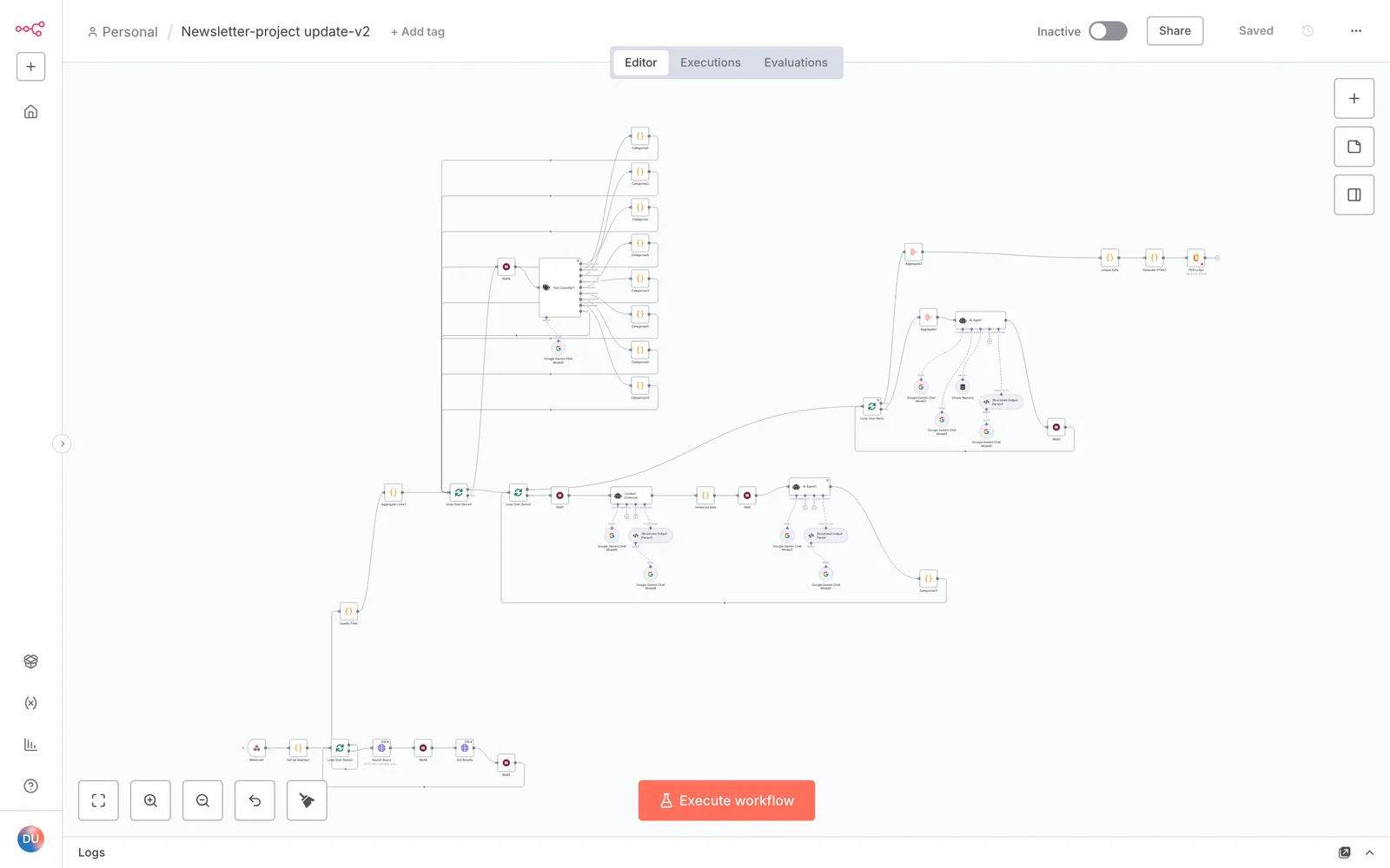 n8n editor showing the whole 47-node newsletter workflow: the scraping loop with search and result requests at the bottom, a text classifier fanning out into eight chapter nodes, Gemini agents for enhancement and scoring, and HTML generation with PDF export at the top right