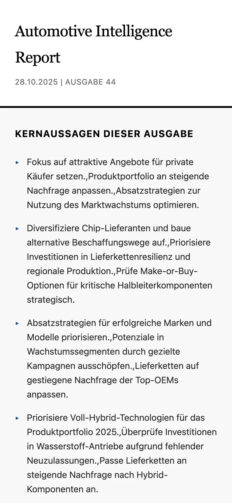 The generated newsletter on a phone, showing the title, issue date and key takeaways