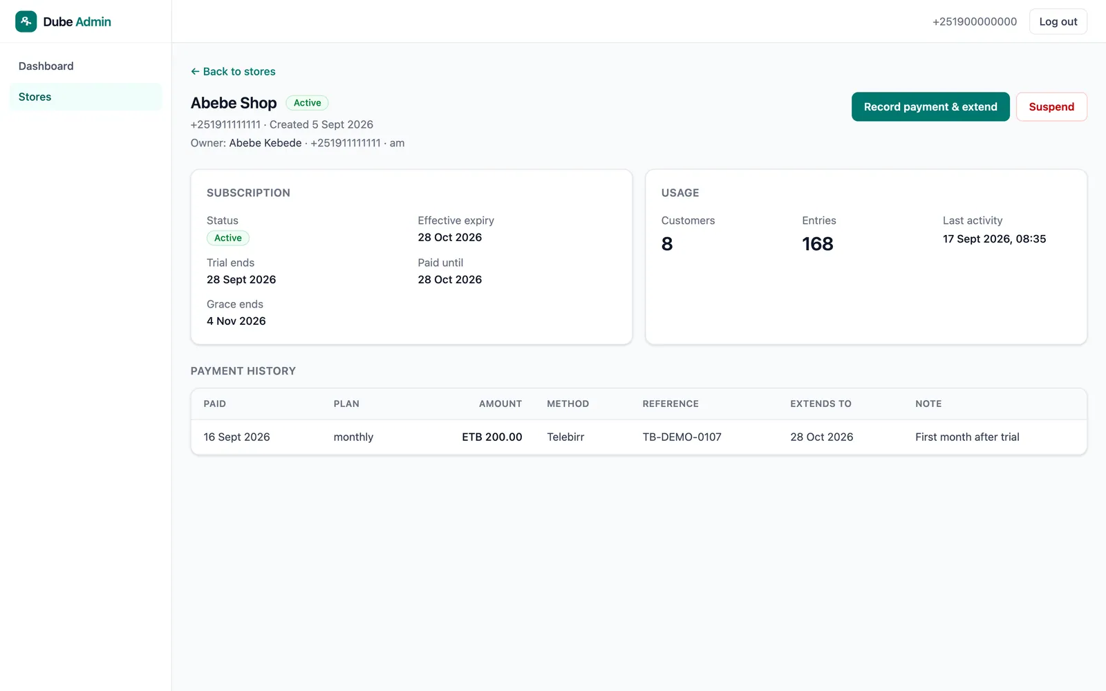 Admin view of Abebe Shop with subscription dates, usage counts and a Telebirr payment that extended the subscription