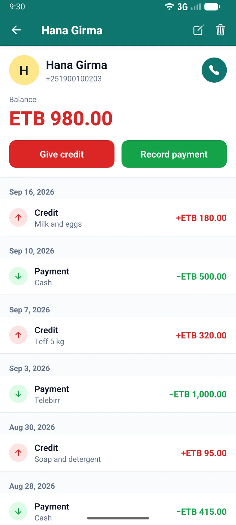 Customer screen for Hana Girma with an ETB 980 balance, Give credit and Record payment buttons, and a dated history of credits and payments