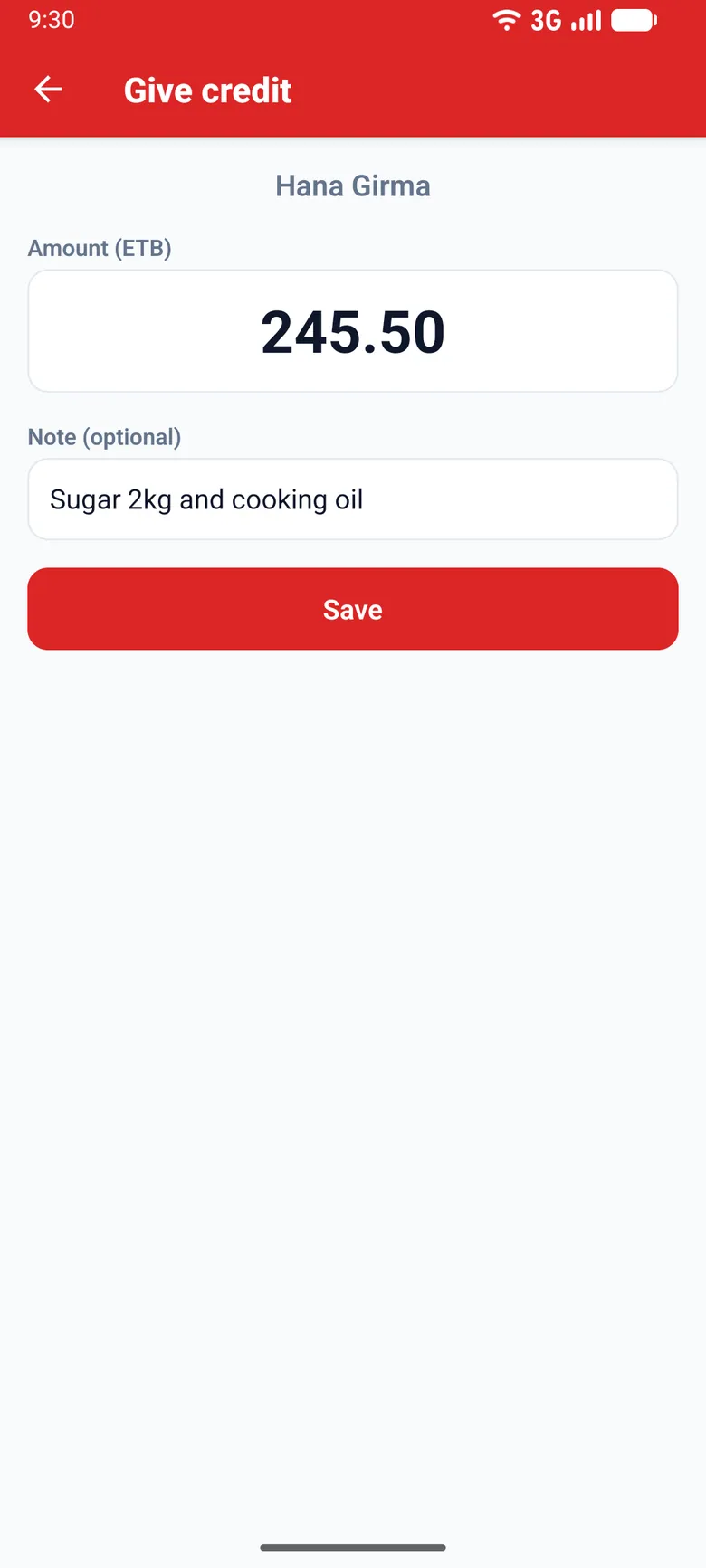 Give credit form for Hana Girma with an amount of 245.50 ETB and the note Sugar 2kg and cooking oil