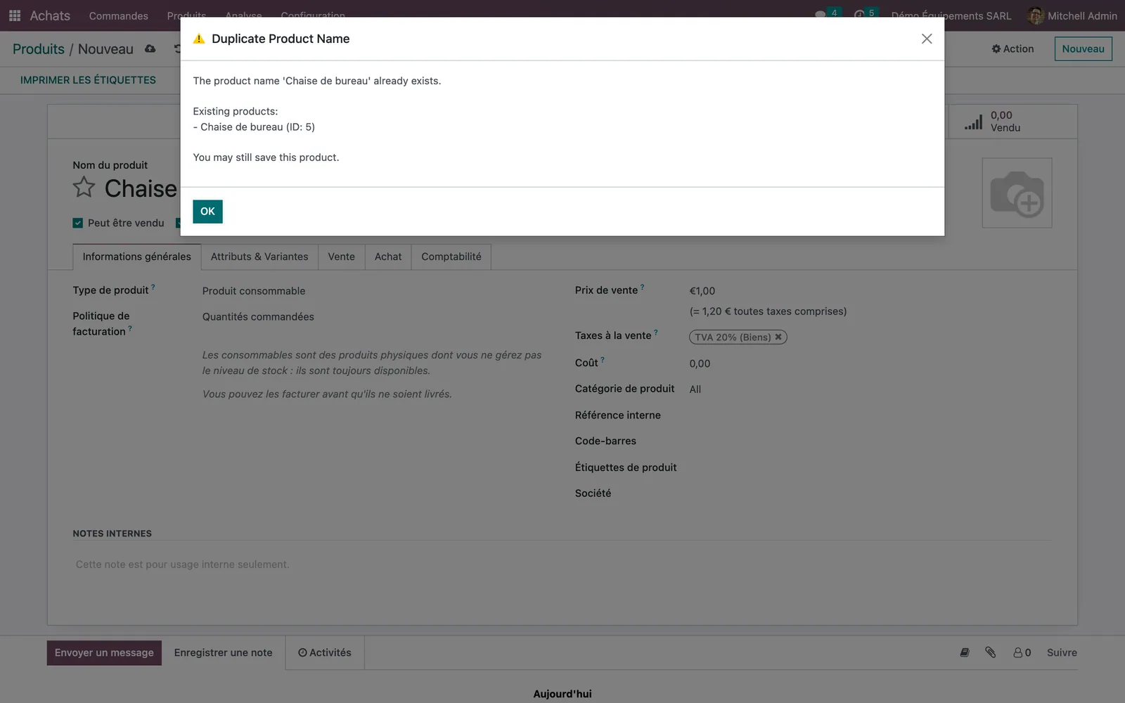 Duplicate Product Name warning shown when a new product is named Chaise de bureau, listing the existing product with that name