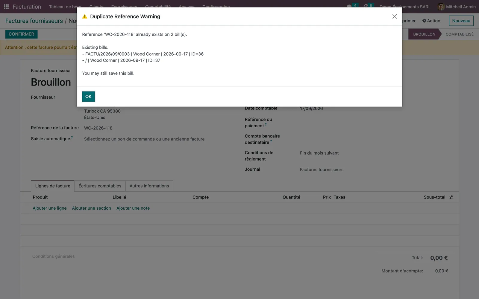 Duplicate Reference Warning dialog shown while typing reference WC-2026-118 on a new vendor bill, listing the two existing bills and noting the bill can still be saved