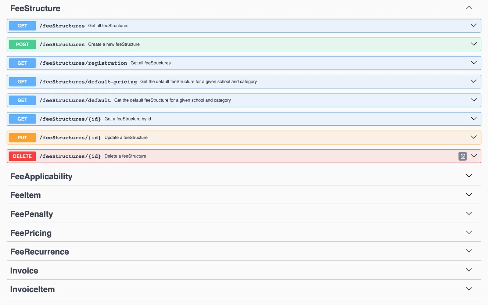 Expanded FeeStructure endpoint group in Swagger with the fee applicability, item and pricing groups below it