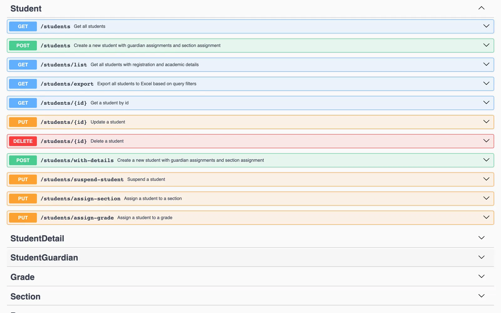Expanded Student endpoint group in Swagger: list, create, export to Excel, suspend and assign section or grade
