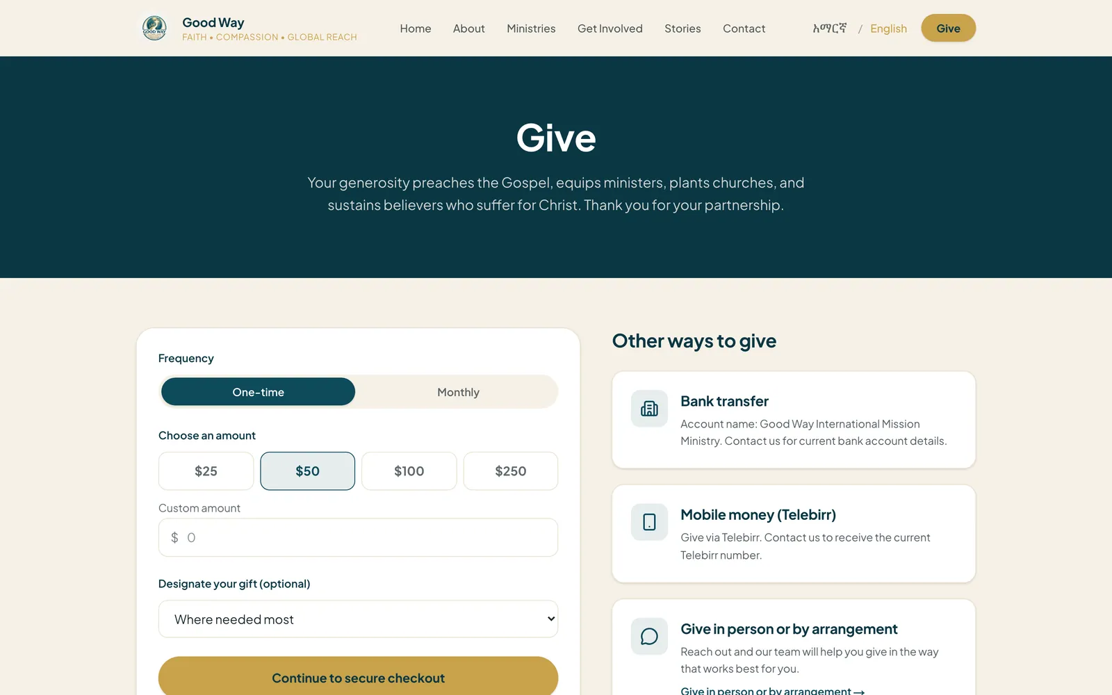 Give page with a one-time or monthly donation form, preset amounts and a designation menu, next to bank transfer, Telebirr and in-person giving options