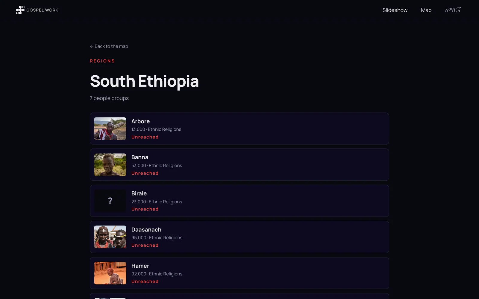 South Ethiopia region page listing its seven people groups with photo, population, religion and unreached status