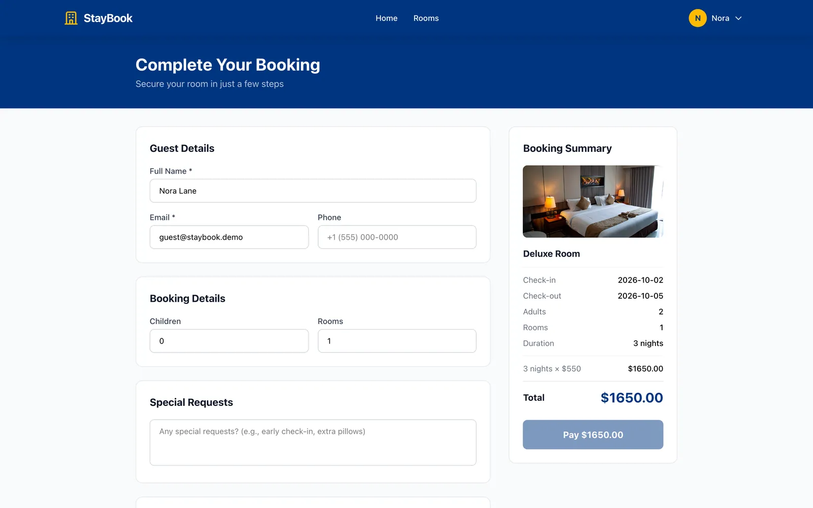 Booking form with guest details, room count and special requests beside a summary of a three-night Deluxe Room stay and the pay button