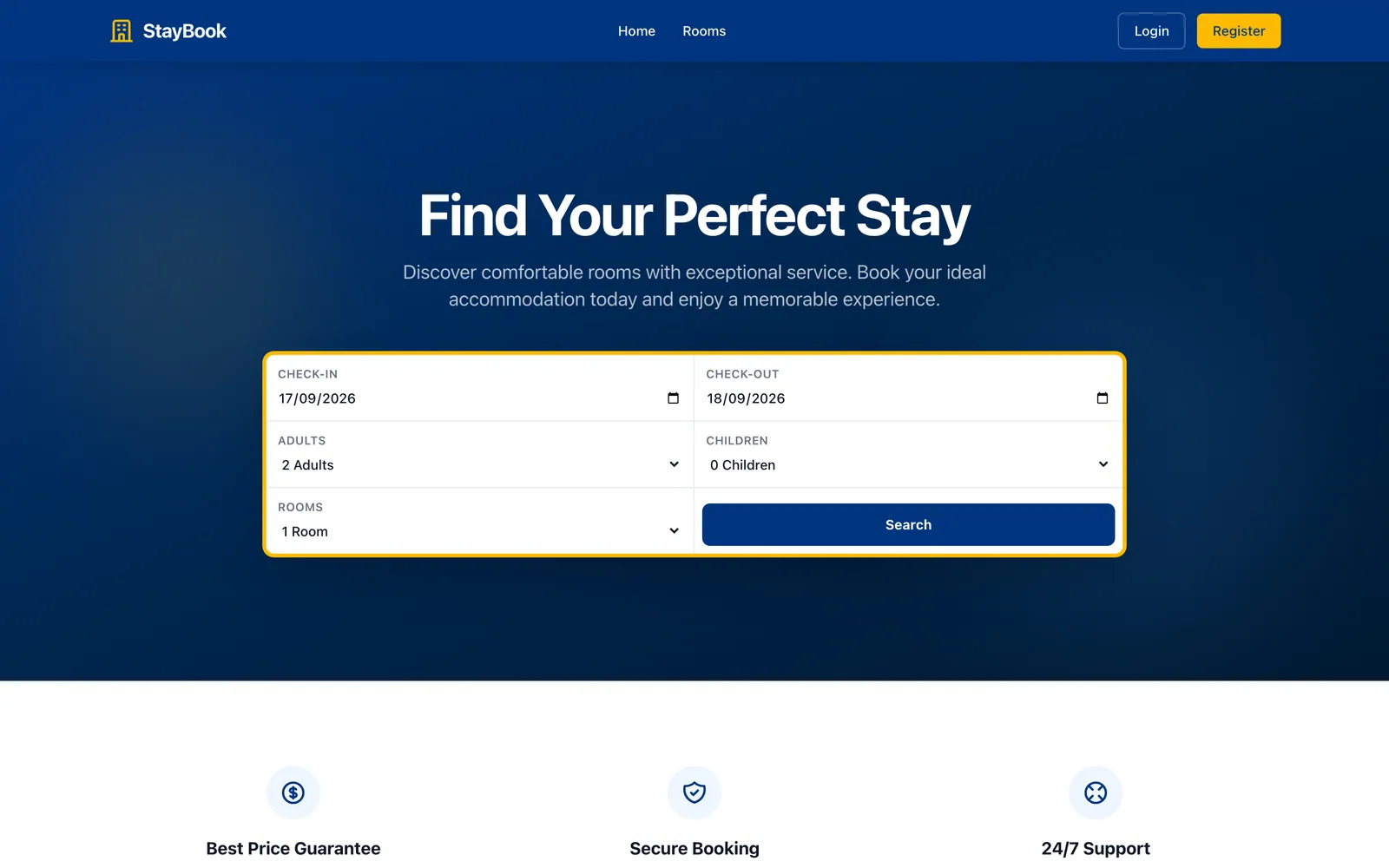 StayBook home page with the check-in, check-out, guests and rooms search form