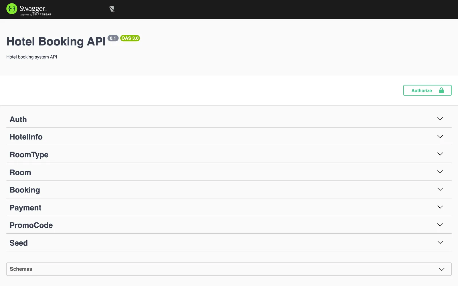 Swagger UI for the hotel booking API with auth, hotel info, room type, room, booking, payment, promo code and seed endpoint groups