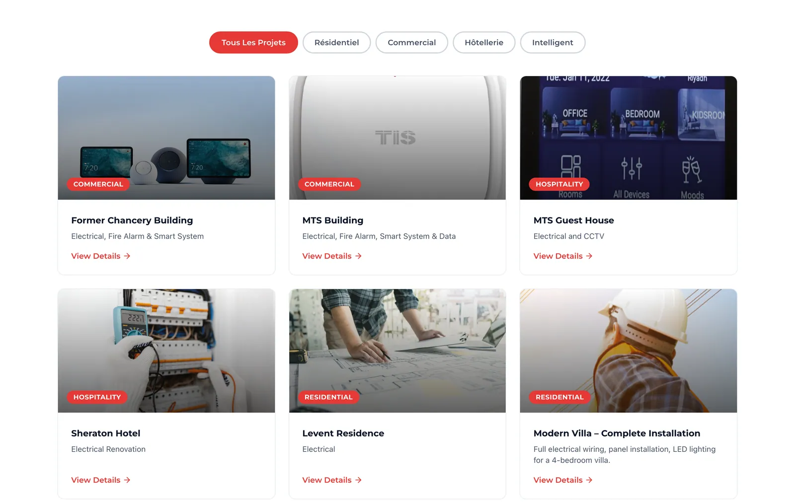 Projects gallery in French with category filters for residential, commercial, hospitality and smart jobs, and cards for the Former Chancery Building, MTS Building, MTS Guest House, Sheraton Hotel, Levent Residence and a villa installation