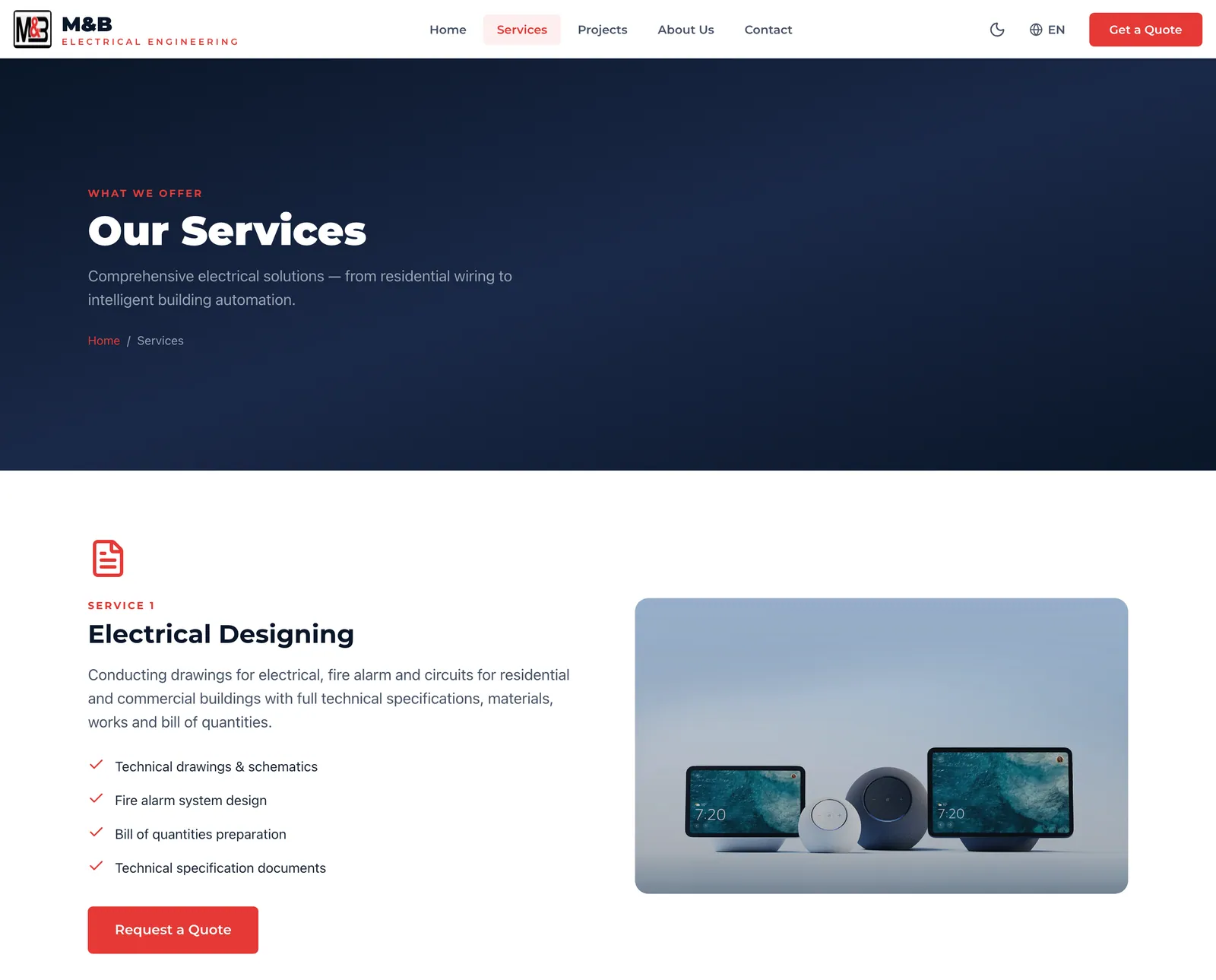 Services page in English, Our Services, opening with Electrical Designing: drawings, fire alarm design, bills of quantities and technical specifications