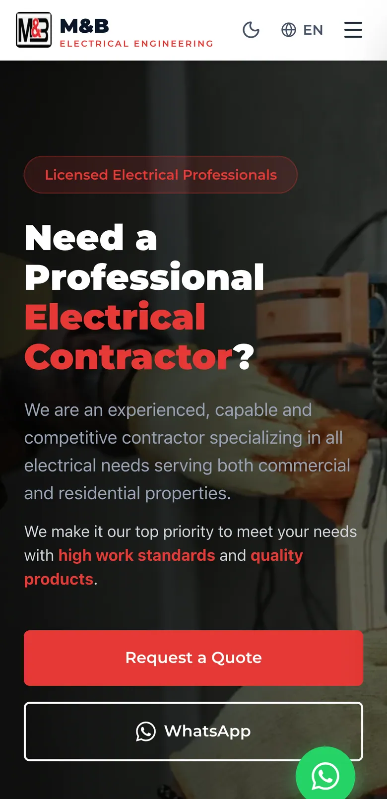 M&B home page in English on a phone: Need a Professional Electrical Contractor?, with quote and WhatsApp buttons