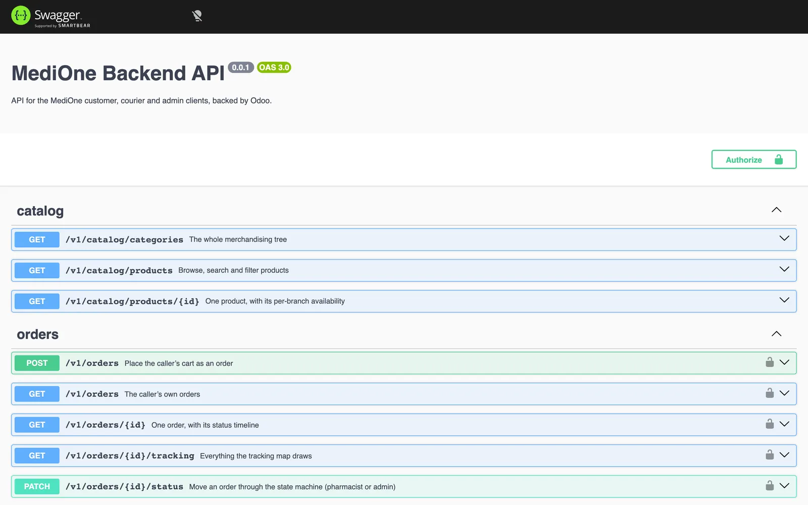 MediOne API Swagger documentation showing the versioned catalog and orders endpoints, including order tracking and status changes