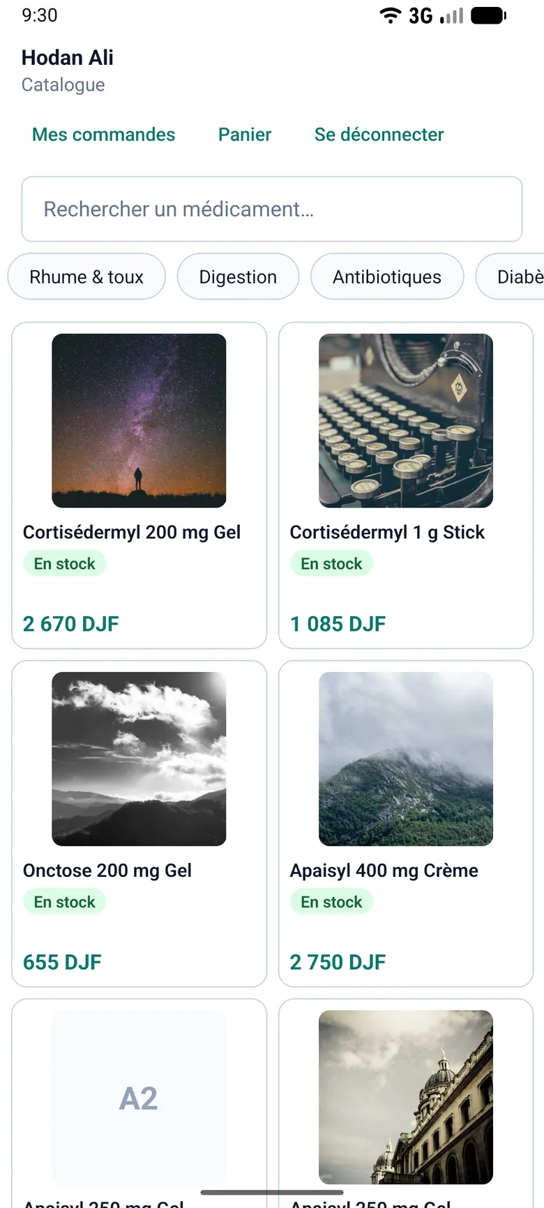 MediOne catalogue screen in French with a medicine search box, category chips and a grid of products showing stock status and prices in Djibouti francs