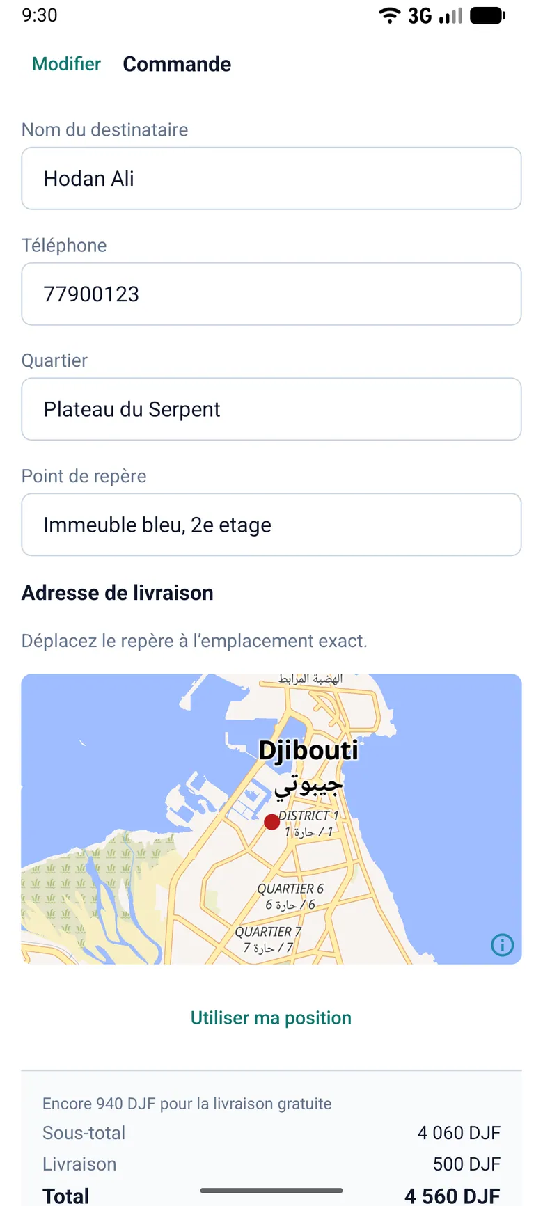 MediOne checkout form with recipient name, phone, neighbourhood and landmark fields above a map of Djibouti City with a draggable delivery pin