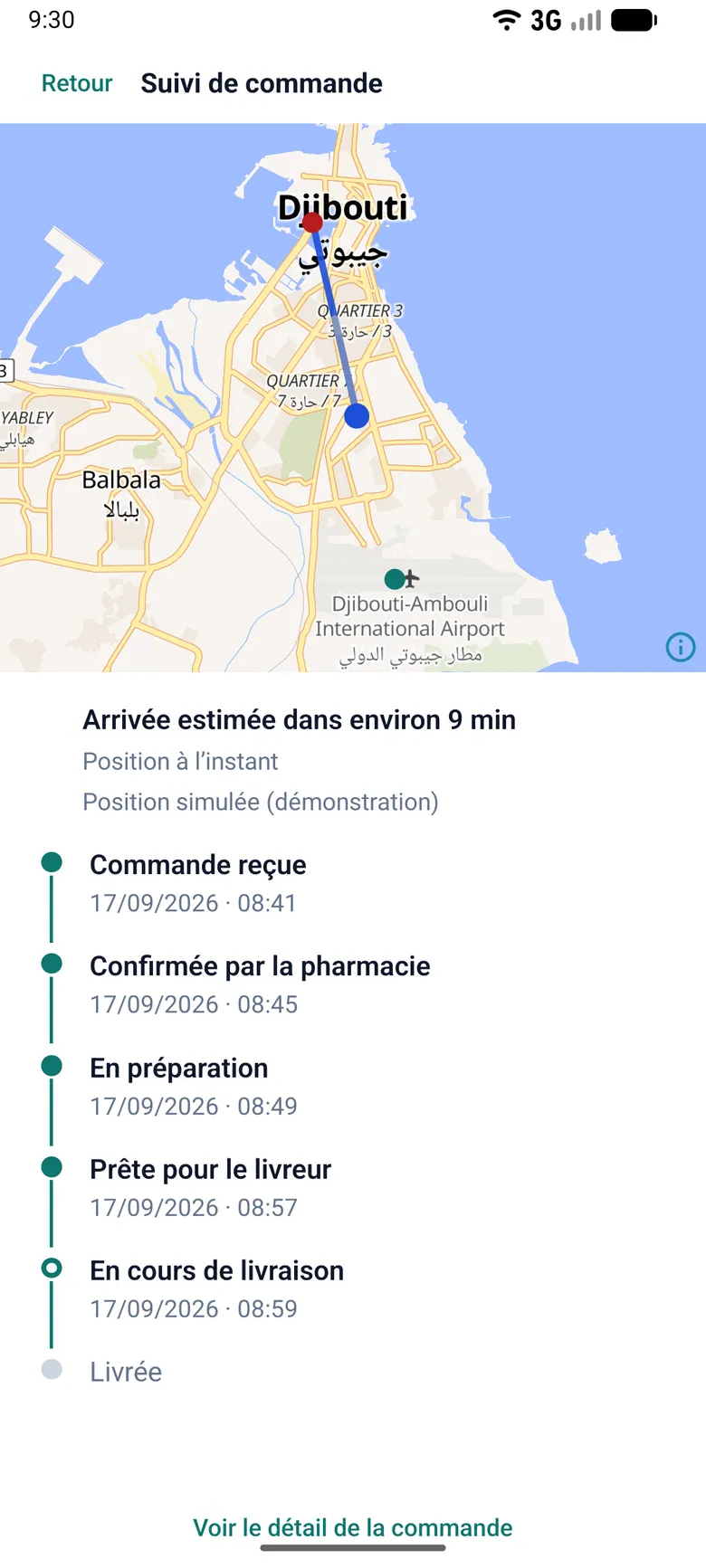 Order tracking map over Djibouti City showing the pharmacy, the courier's position partway along the route and the delivery pin, with an estimated arrival in about 9 minutes and the order status timeline