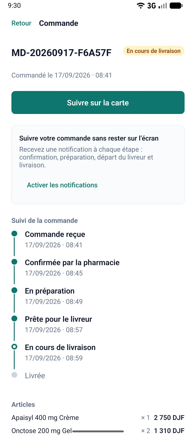 Order detail for an order out for delivery with a Track on map button, a prompt to enable push notifications and a timestamped status timeline
