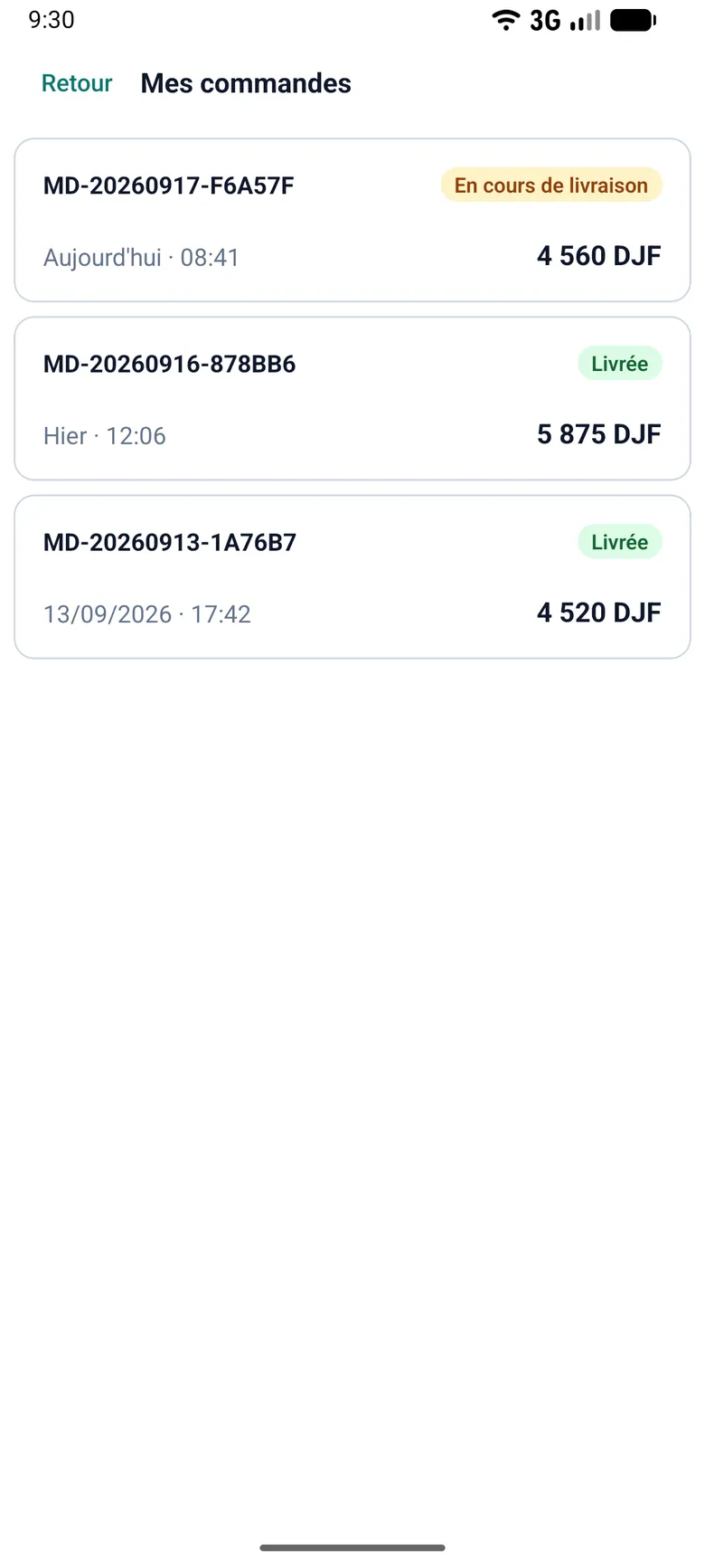 My orders list with one order out for delivery today and two delivered orders, each with order number, date and total in DJF