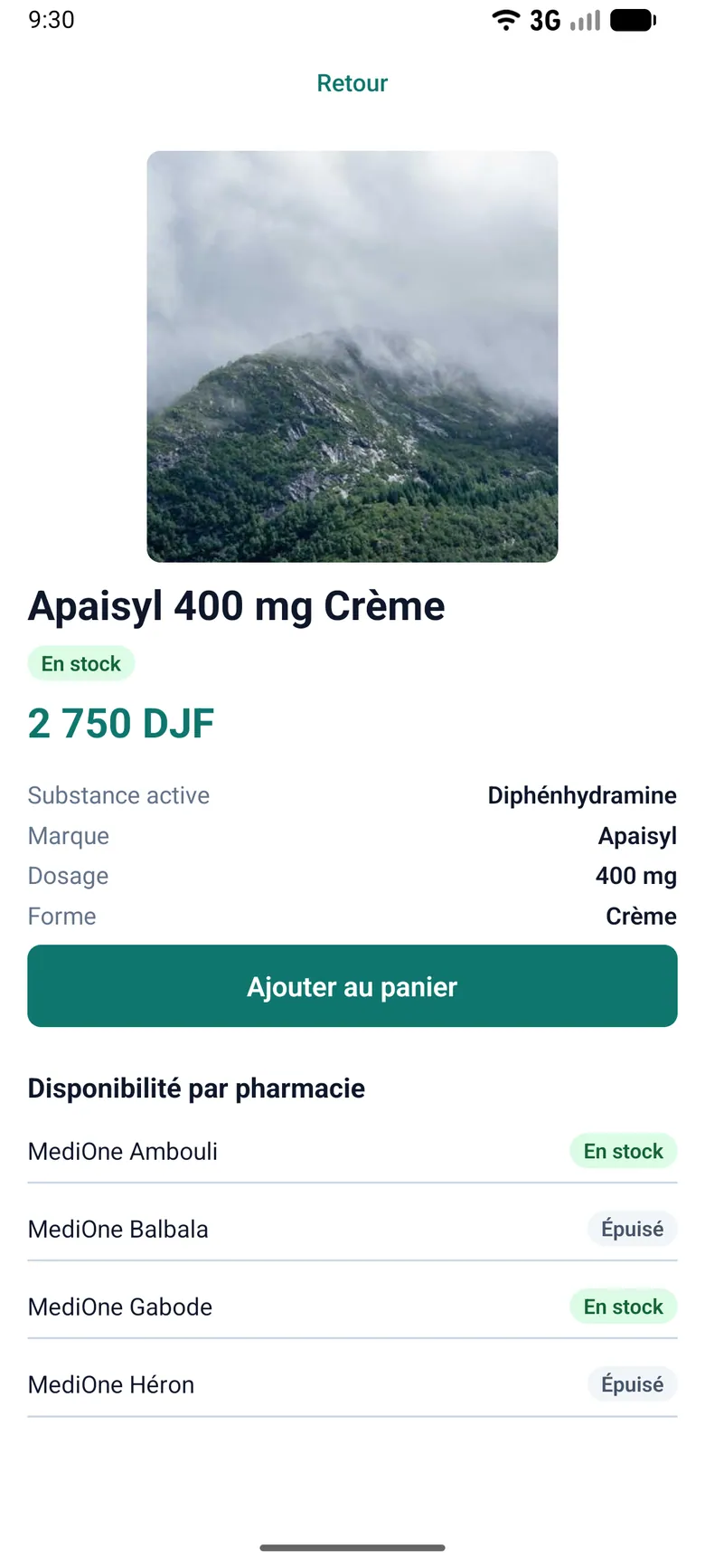 Product screen for Apaisyl 400 mg cream with price, active ingredient, dosage, an Add to cart button and stock availability at four MediOne pharmacies