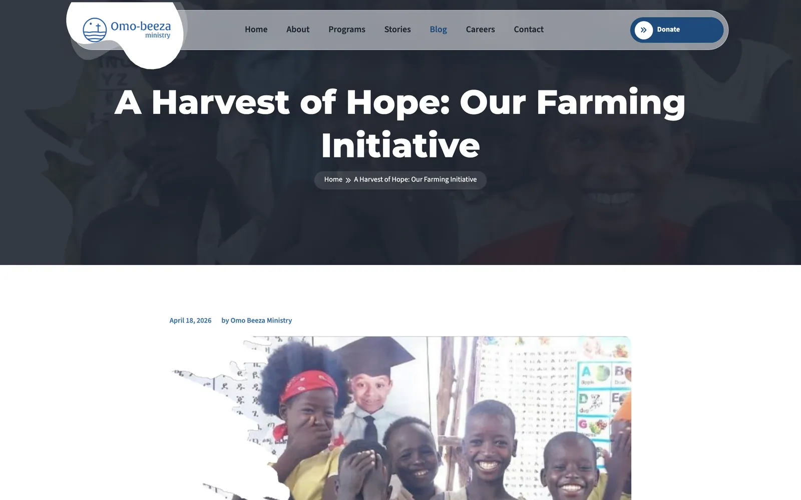 Blog post A Harvest of Hope: Our Farming Initiative with its date, author and a photo of smiling children