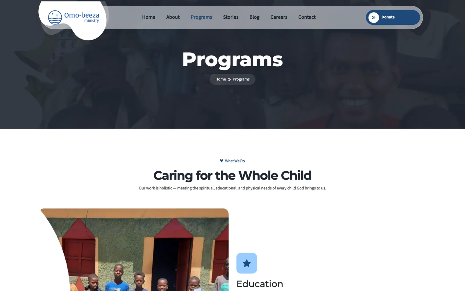Programs page introducing the ministry's holistic child care work, starting with education
