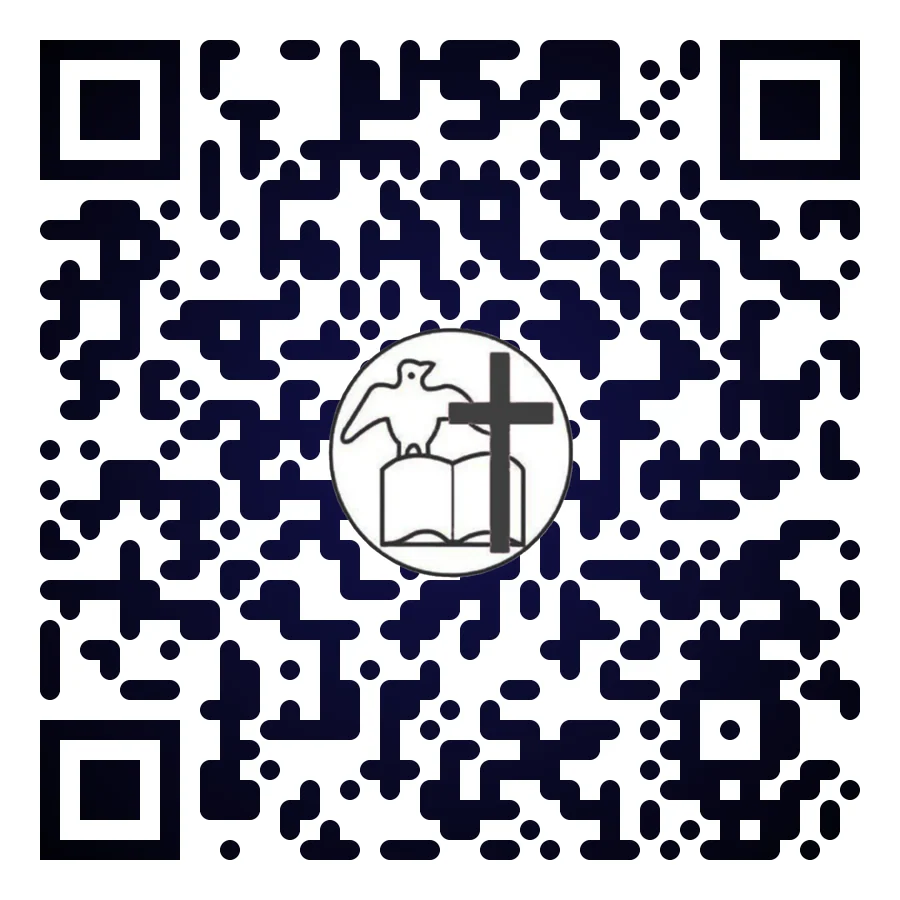 Dark navy QR code with rounded modules and a church logo of a dove, cross and open Bible in the centre