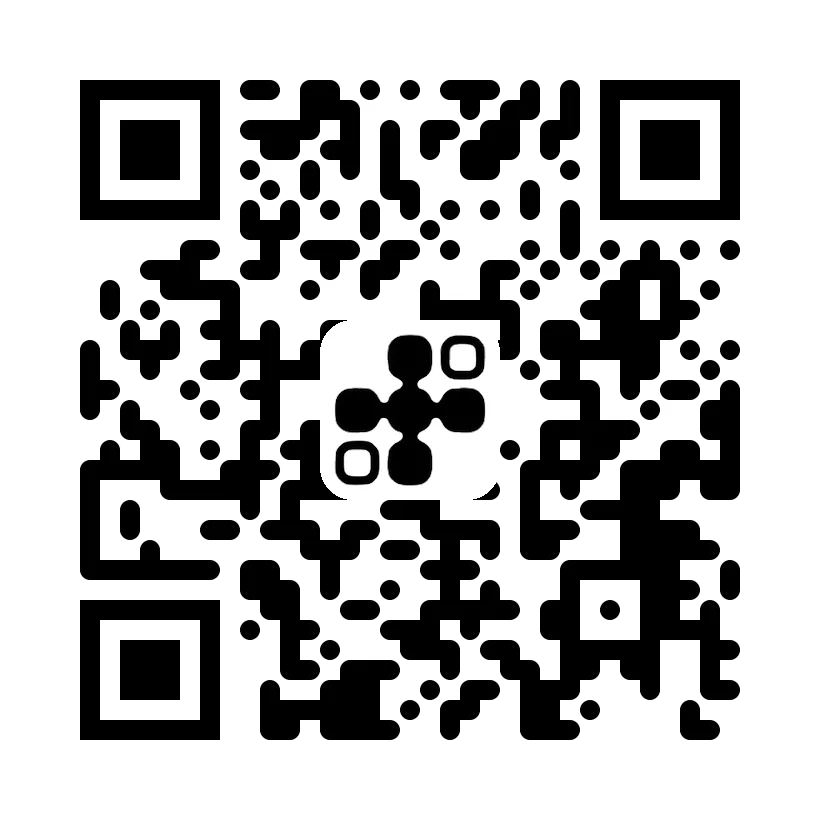 Black QR code with rounded modules and the Gospel Work logo in the centre