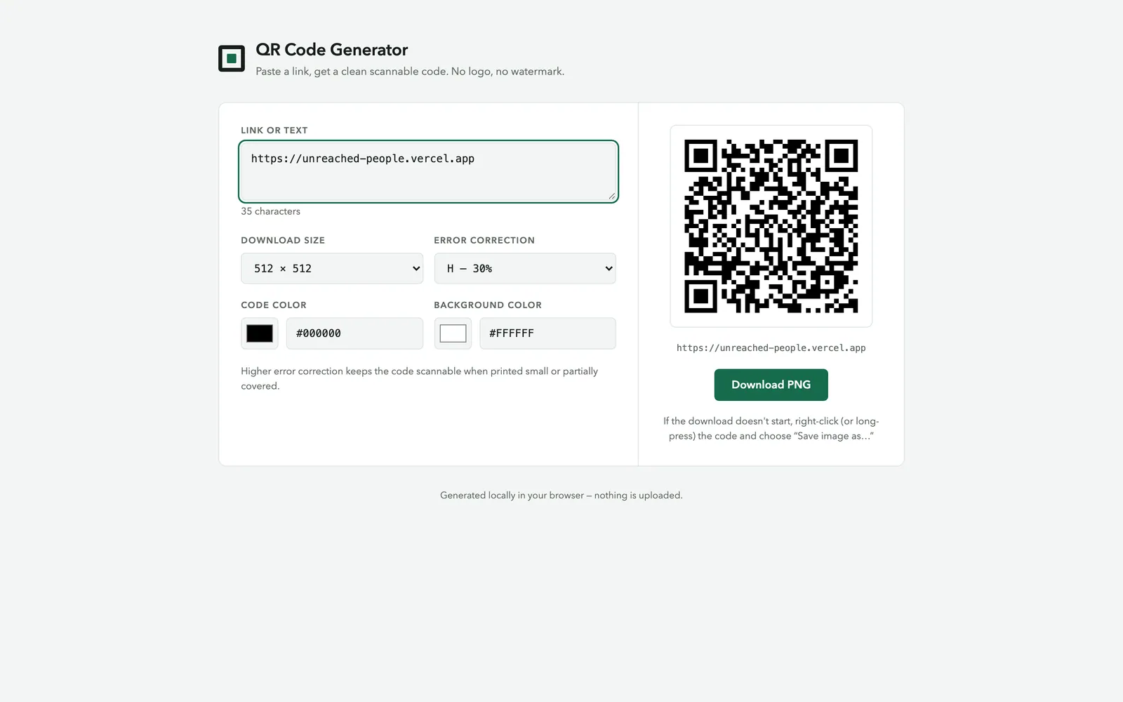 QR Code Generator page with a link field, download size, error correction and colour pickers on the left and the generated code with a Download PNG button on the right
