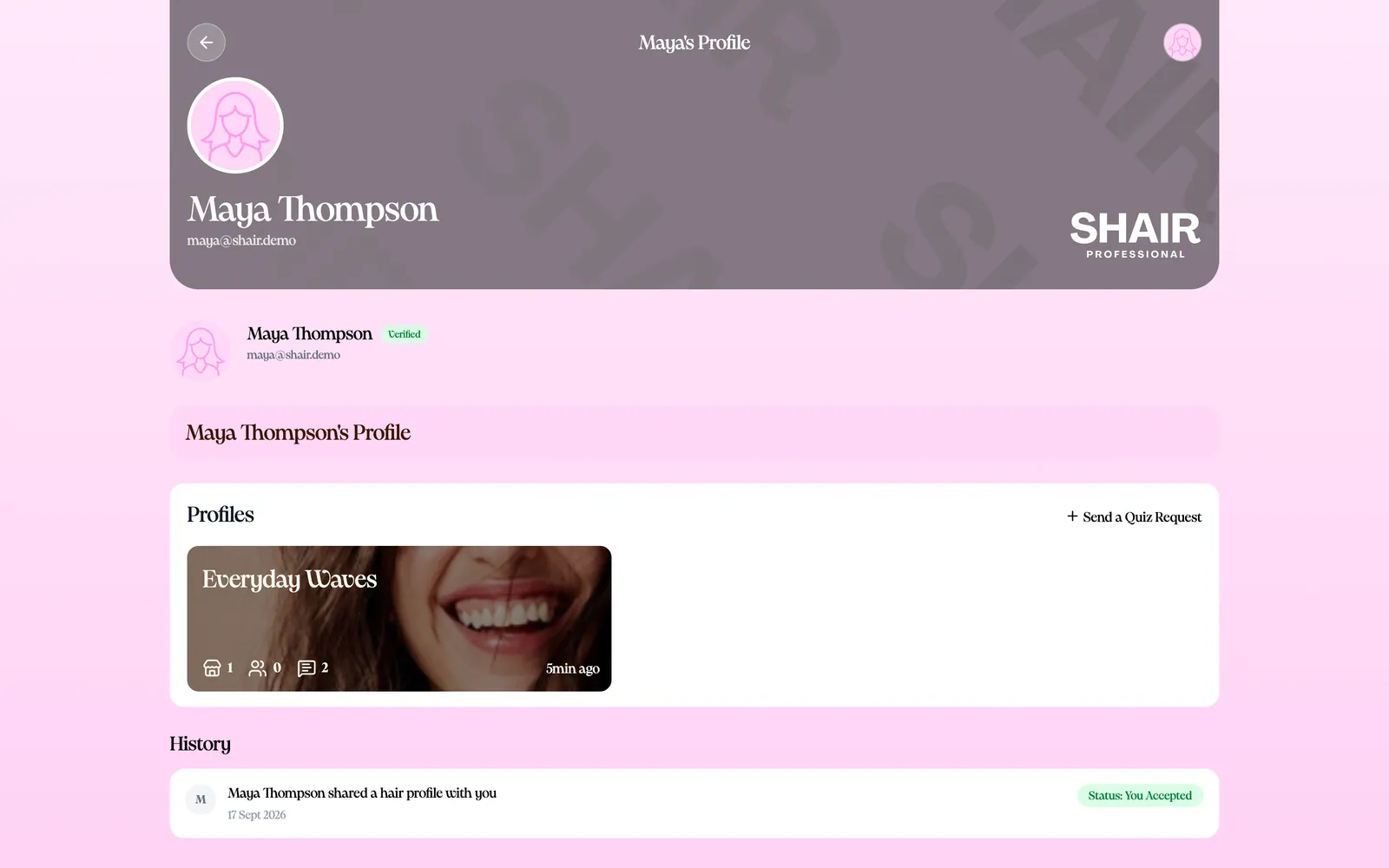 Professional view of a connected client showing her shared hair profile card and connection history