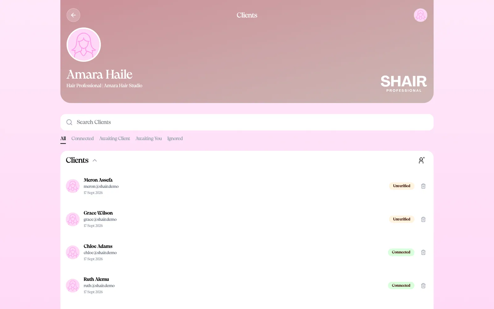 Shair professional client list with connected, awaiting-you and unverified clients for Amara Hair Studio