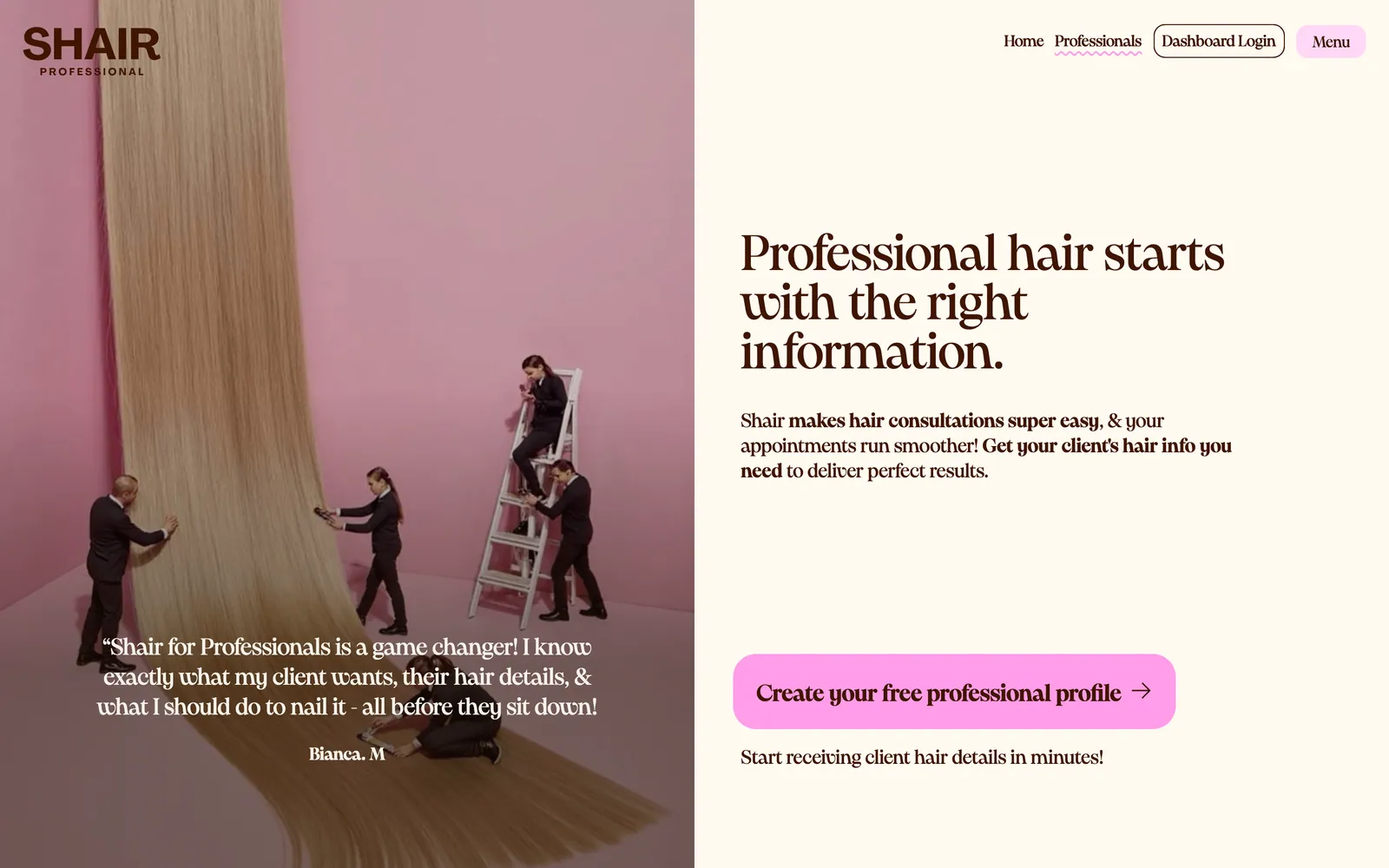 Shair public site page for hair professionals and salons
