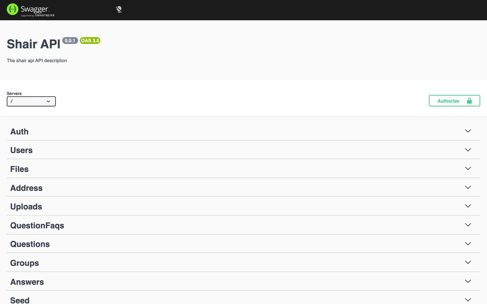 Swagger UI for the Shair NestJS API listing the auth, users, uploads, questionnaire and seed endpoint groups